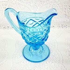 S M Pedestal Cream Milk Pitcher Diamond Thumb Print Aqua Blue 6.5" Cabinet Piece